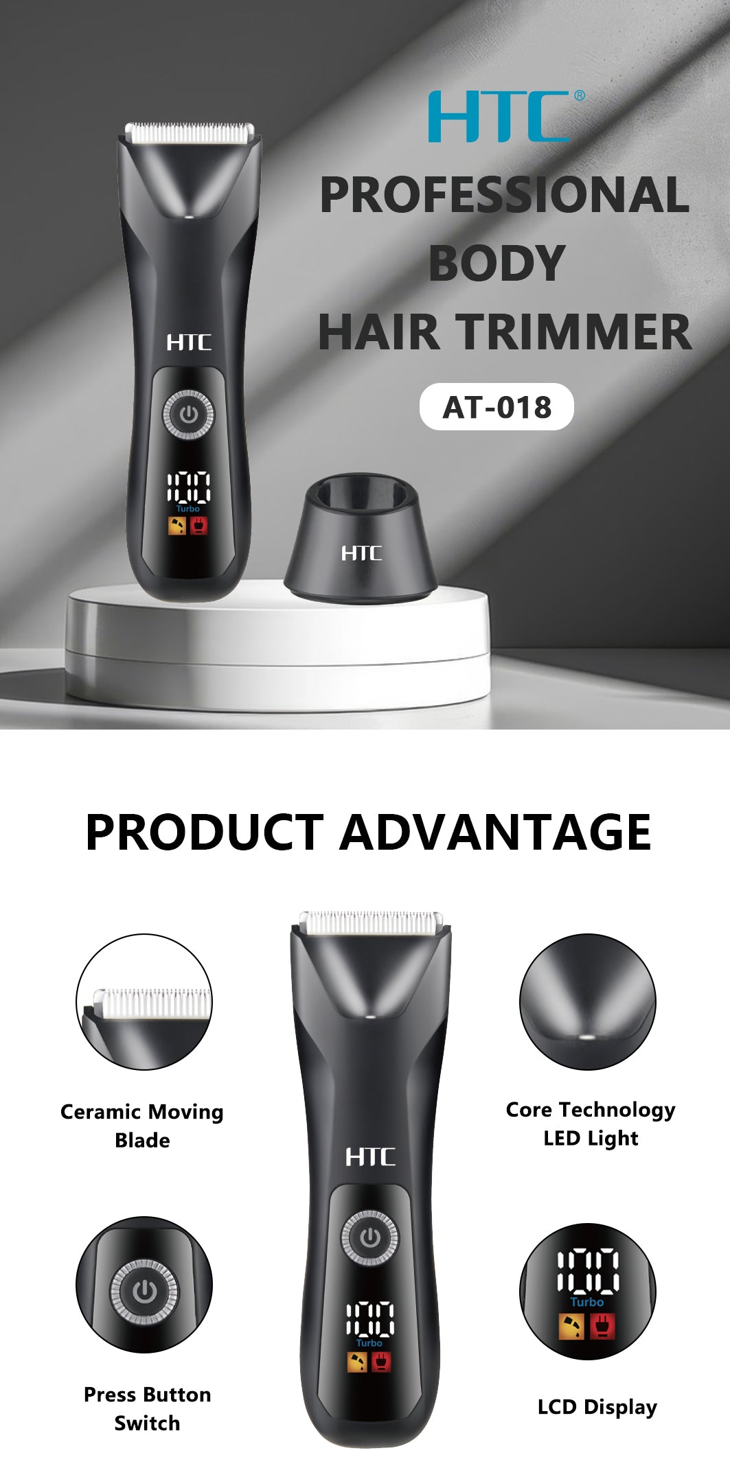 HTC AT-018 Fully Body Shaver Washable Type-C Rechargeable Ceramic Blade for body  and face