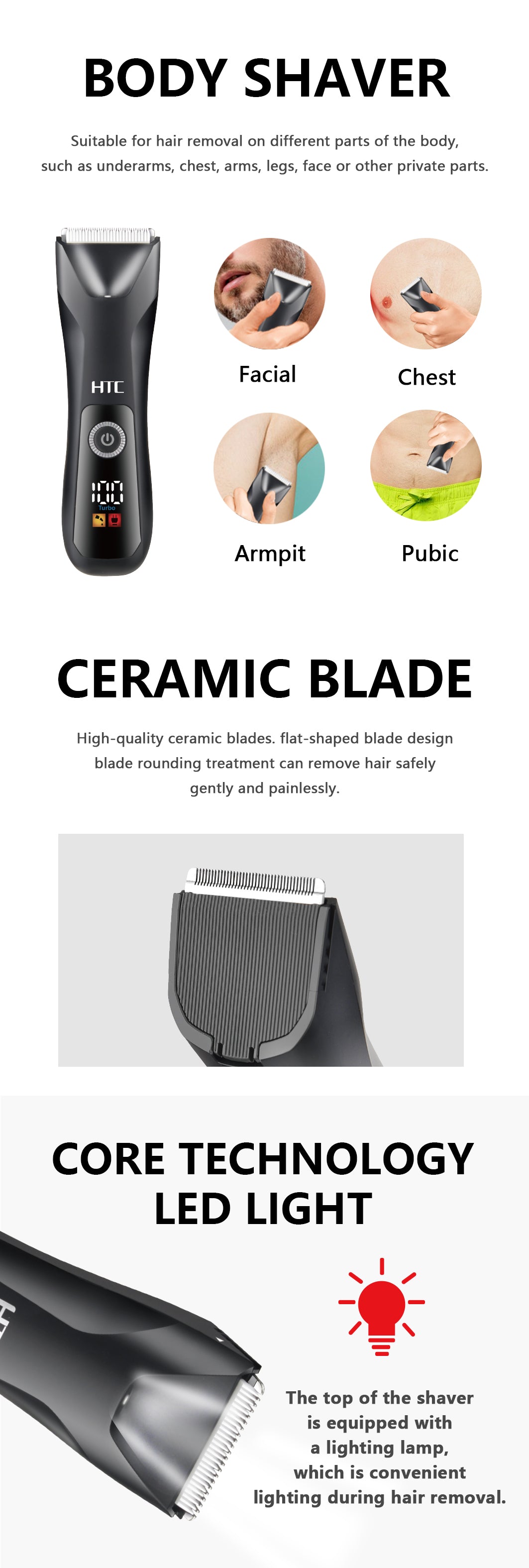 HTC AT-018 Fully Body Shaver Washable Type-C Rechargeable Ceramic Blade for body  and face