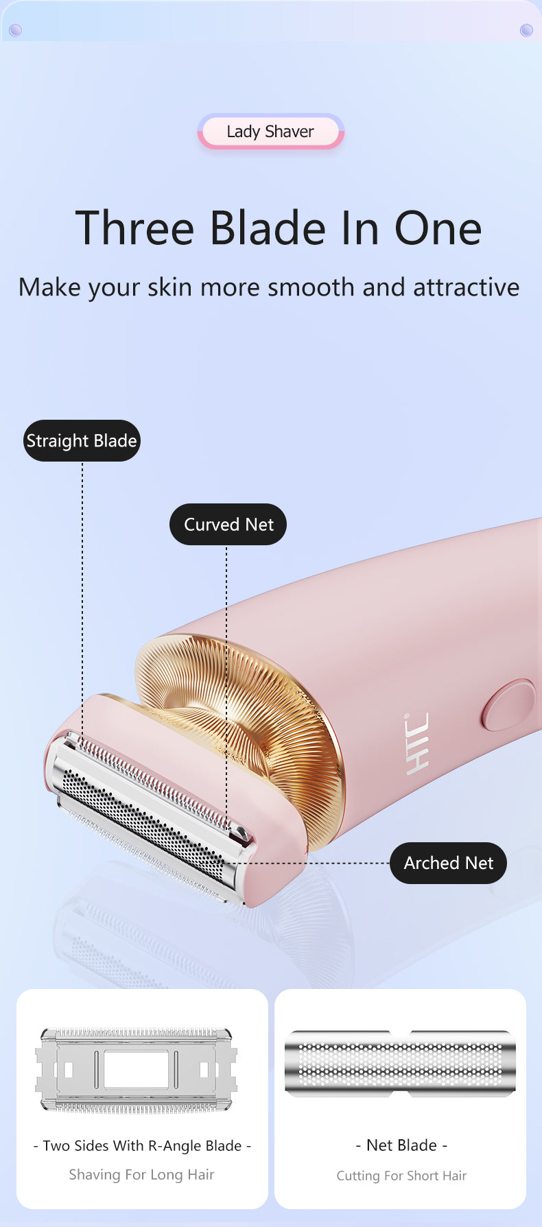 HTC HL060 Shaver for Female, Dual Shaver Blades, Fully Washable, 600 mAh Lithium Battery