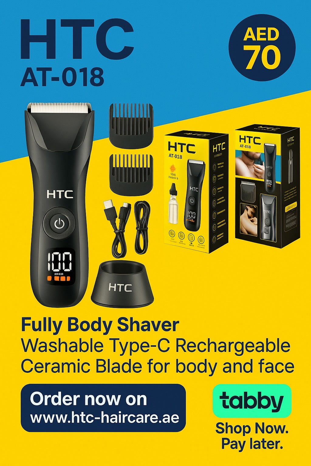 HTC AT-018 Fully Body Shaver Washable Type-C Rechargeable Ceramic Blade for body  and face