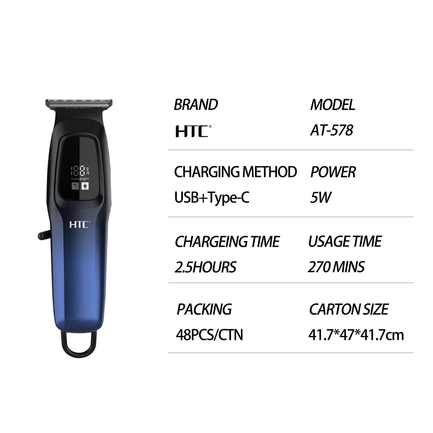 HTC Hair Clipper, Beard Trimmer with USB Rechargeable Cordless T-Shape Shaver with LED Display and 3 Combs, AT578
