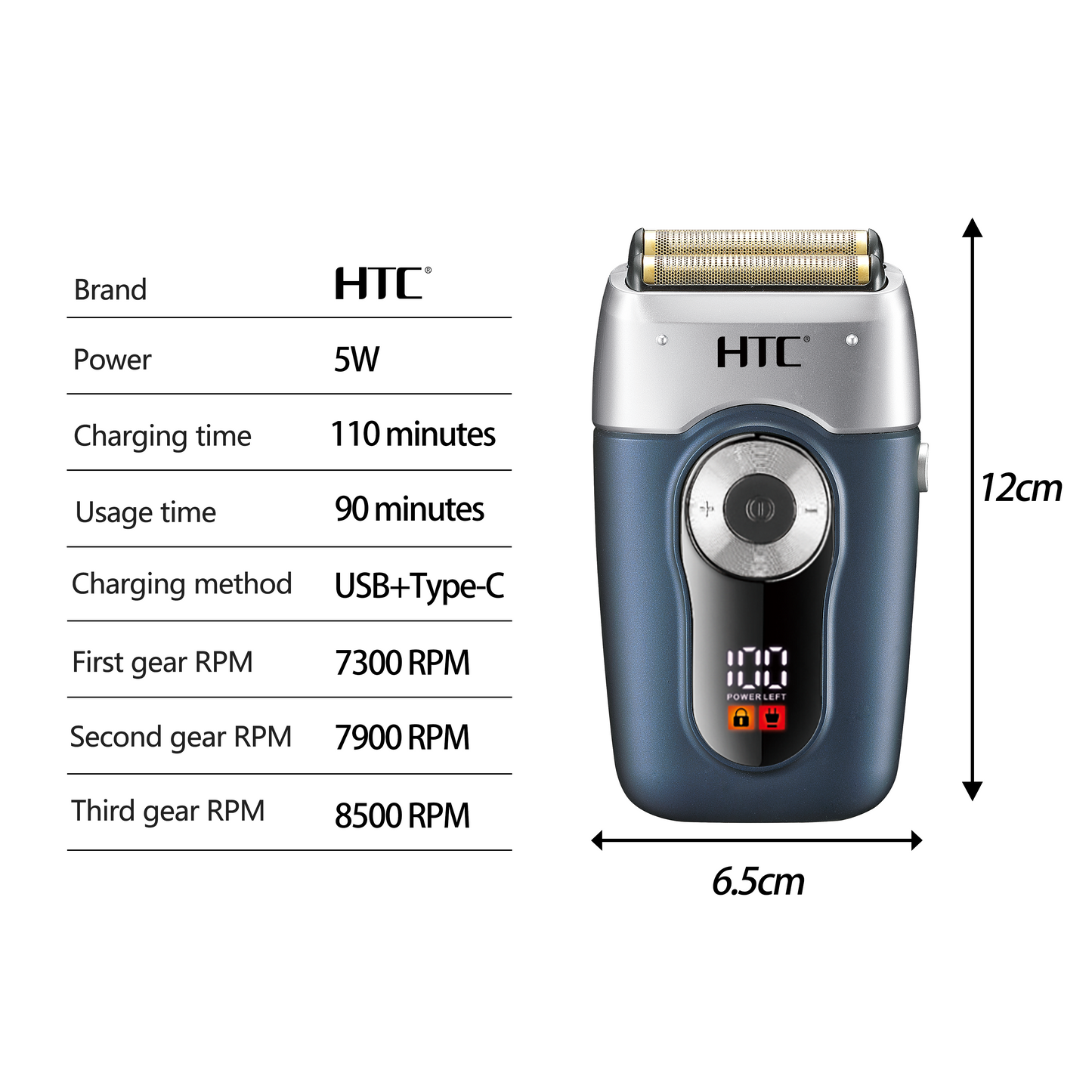 HTC GT-667 Men's Electric Shaver Razor High Carbon Steel Rechargeable Beard Trimmer Shaving Machine