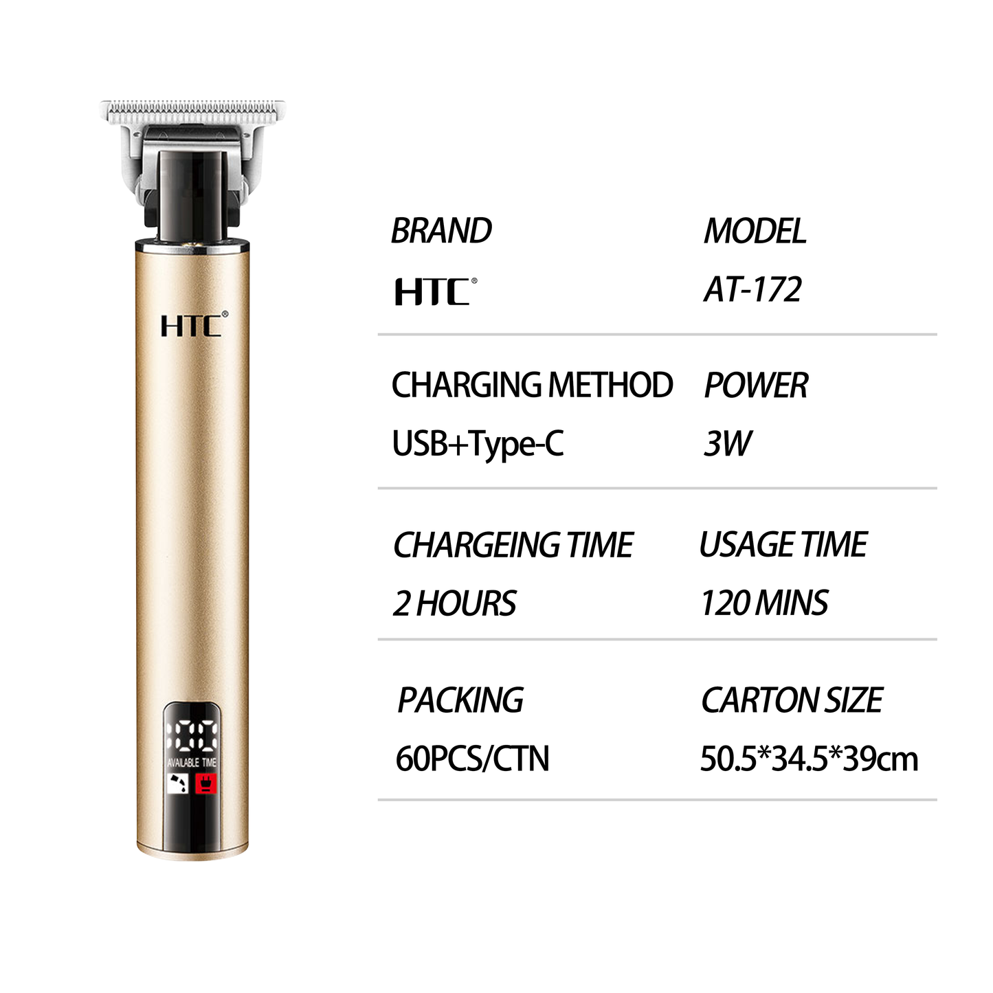 HTC Rechargeable Hair Clipper, Hair Trimmer with T-Precision Blade with LED display for Professional & Personal Use