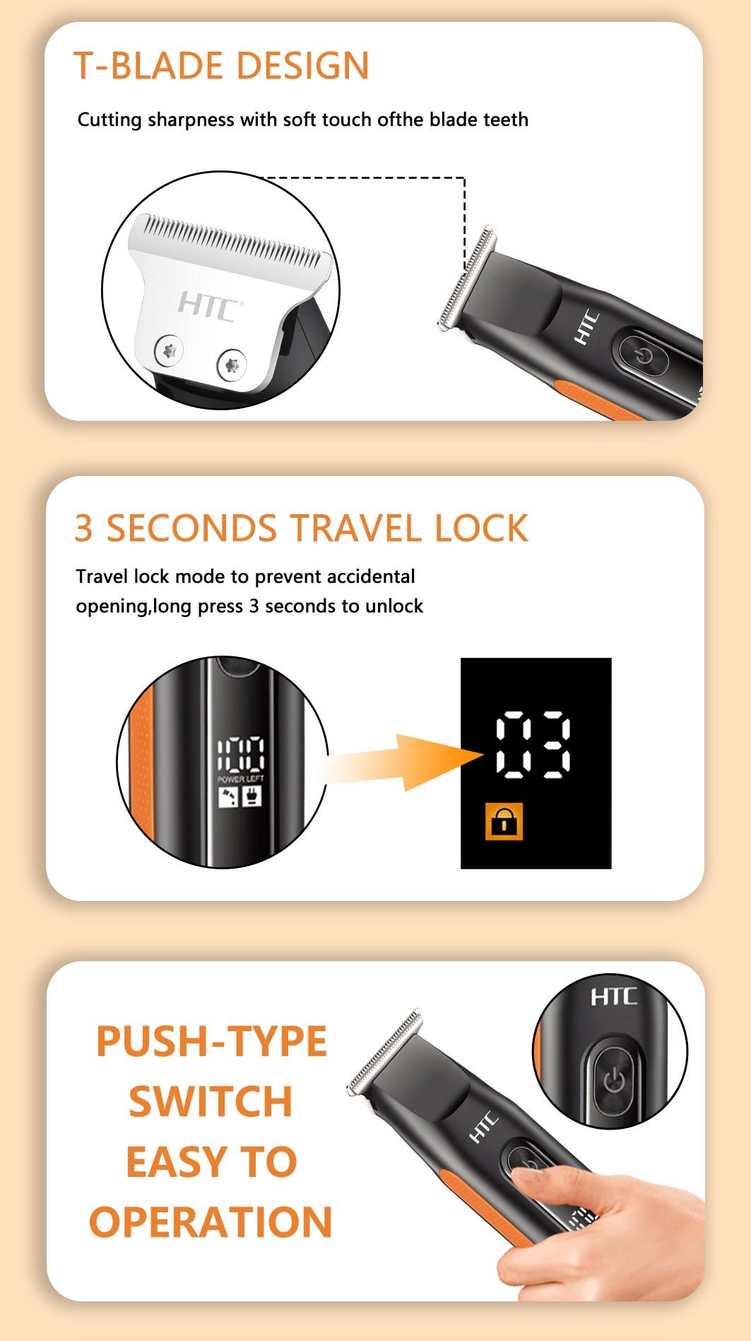 HTC AT-508 Rechargeable Hair Trimmer & Clipper Digital Display 3-Second Travel Lock Shaving Cutting for Home Use & Beard
