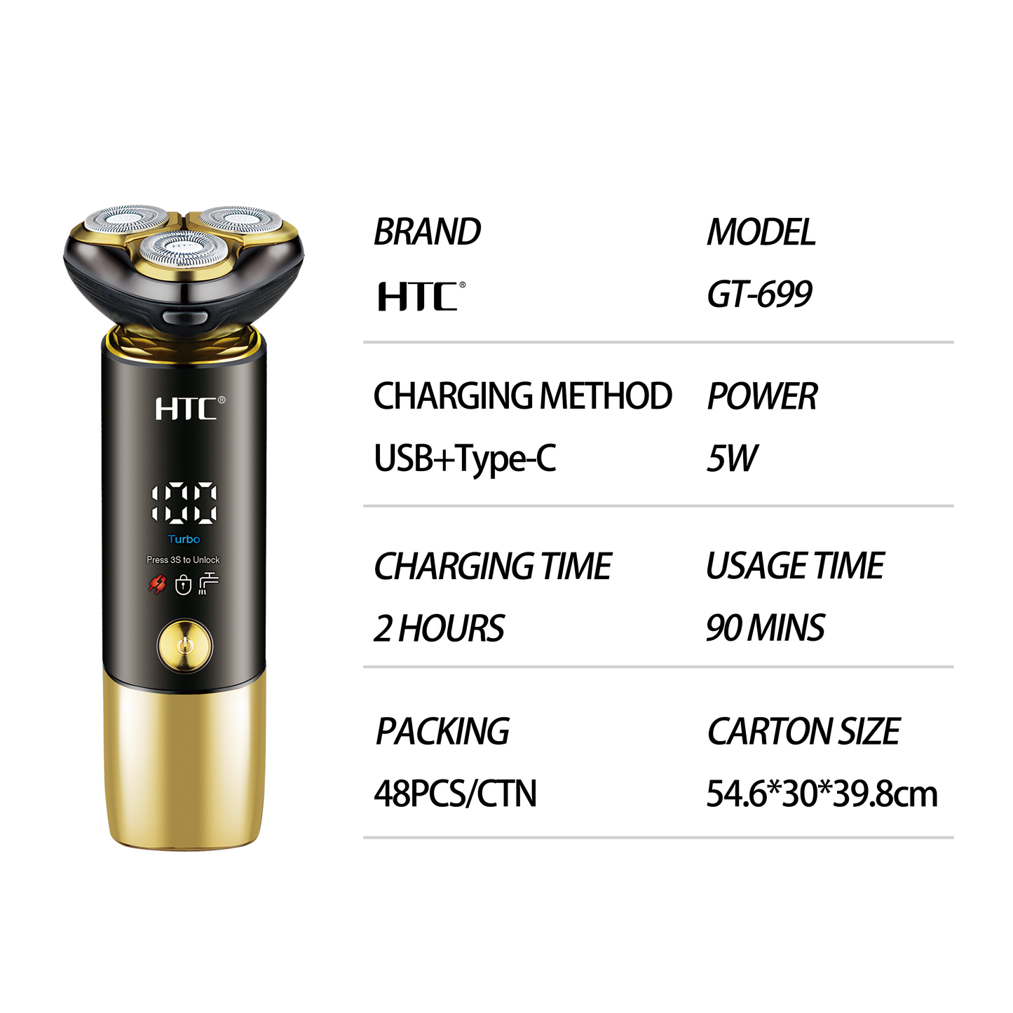 HTC GT-699 Waterproof Rotary Shaving Machine Beard Trimmer Razor USB Rechargeable Electric Shaver for Men