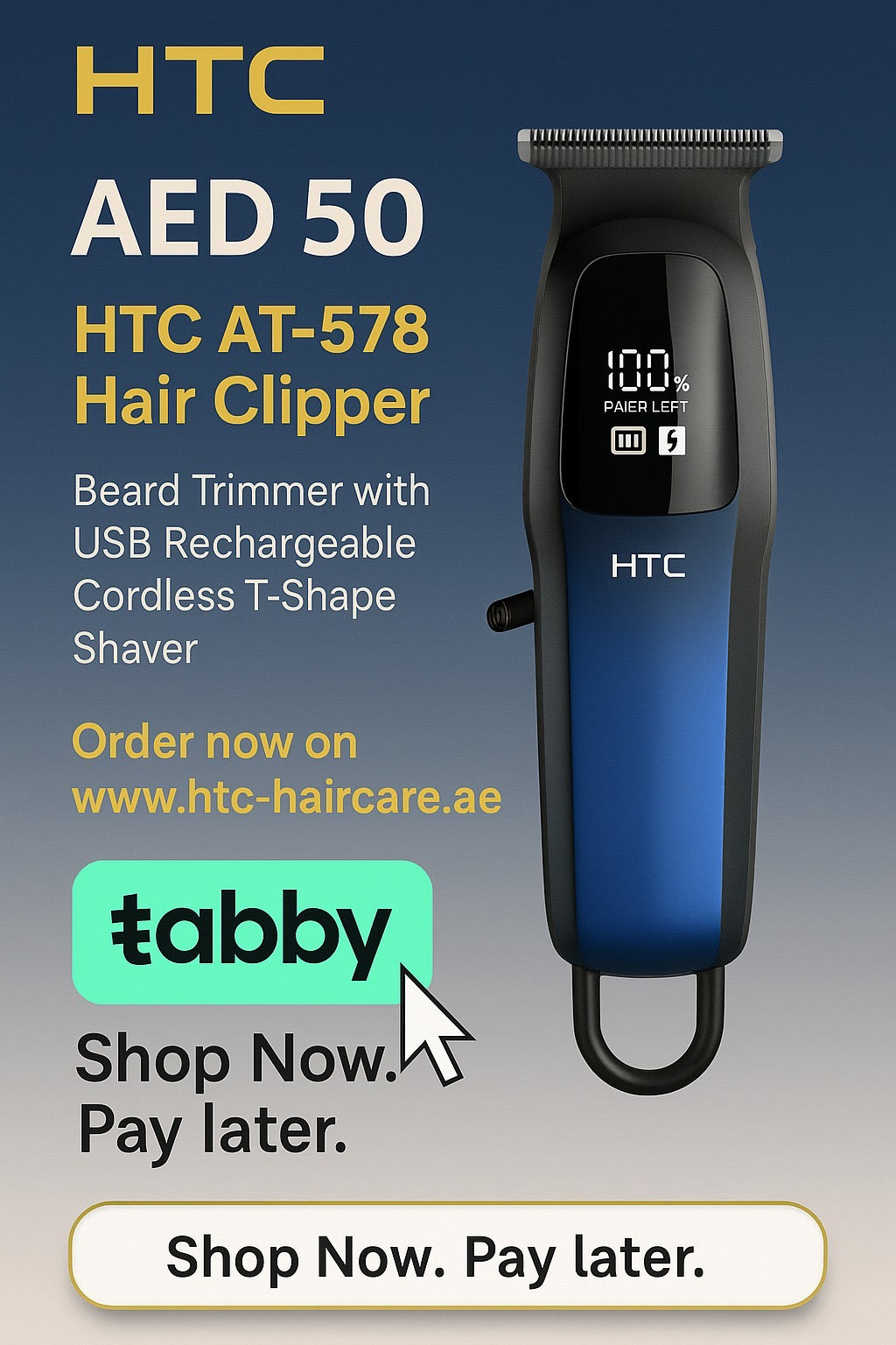 HTC Hair Clipper, Beard Trimmer with USB Rechargeable Cordless T-Shape Shaver with LED Display and 3 Combs, AT578