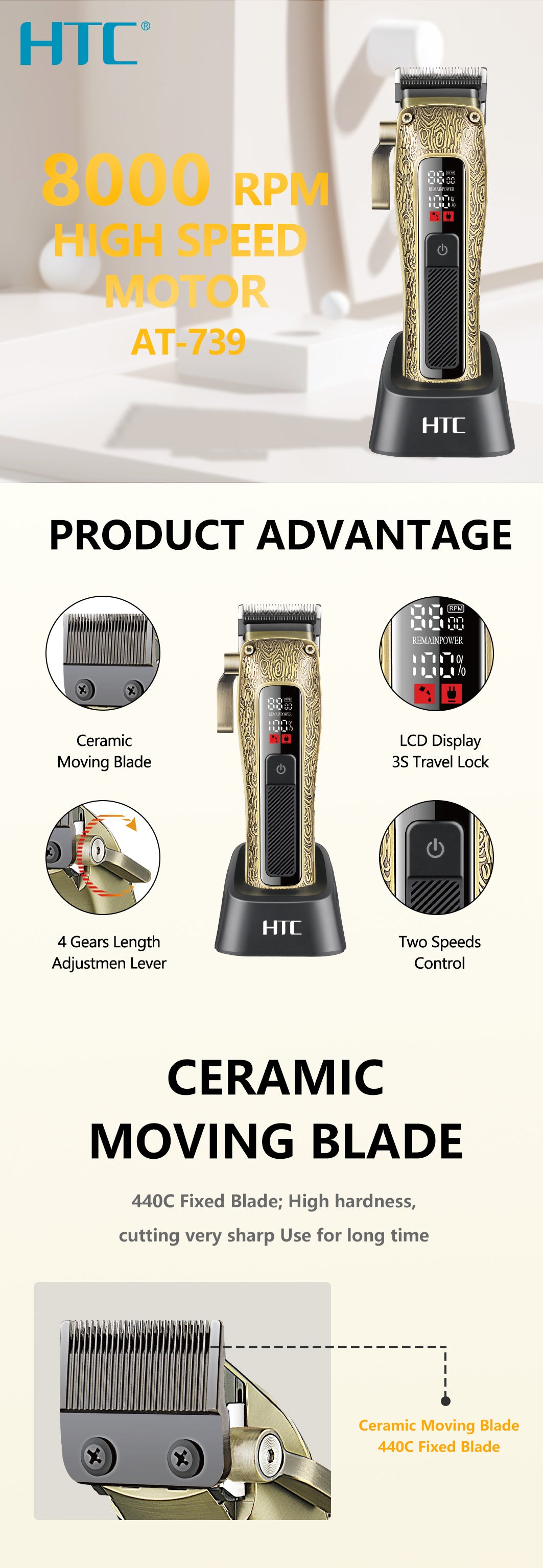HTC AT-739 2500mAh Professional Hair Clipper with 2 Speed Control, with Cermaic Blade and LED Display