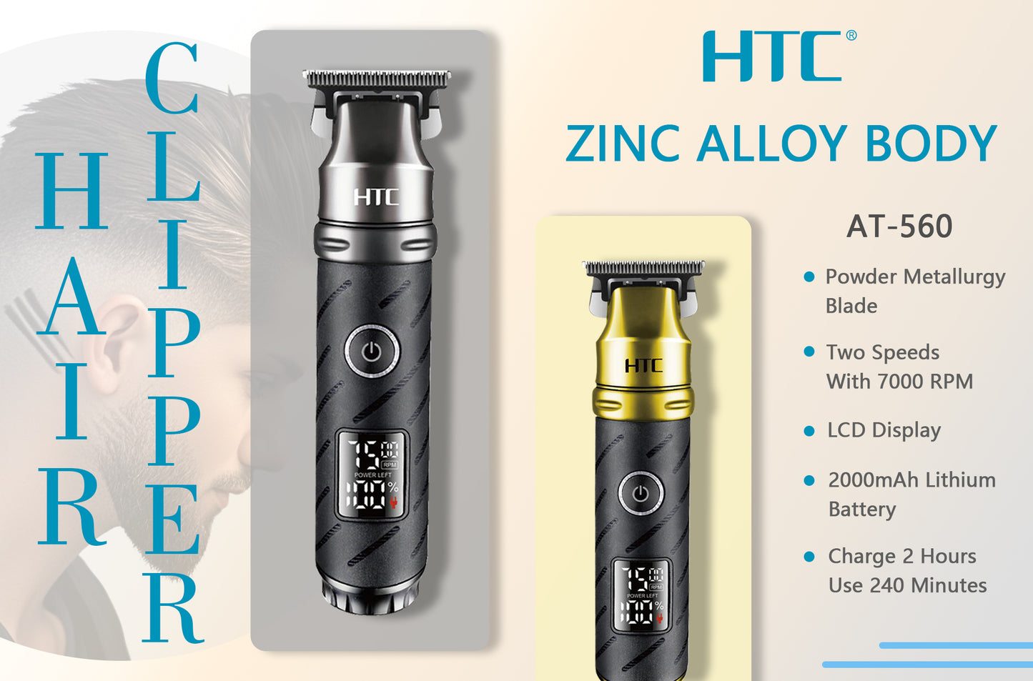 HTC AT-560 Professional Barber Powder Metallurgy Hair Clipper Zinc Alloy Body Hair Trimmer