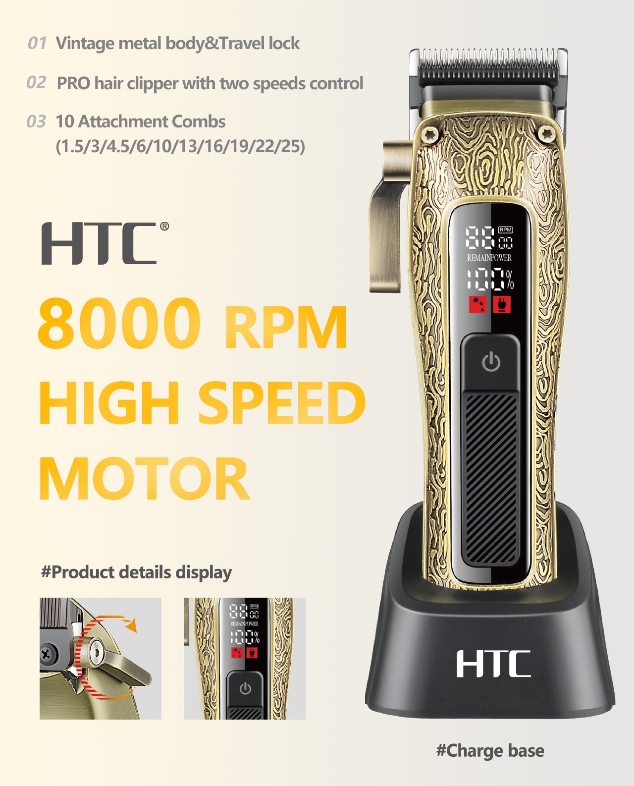 HTC AT-739 2500mAh Professional Hair Clipper with 2 Speed Control, with Cermaic Blade and LED Display