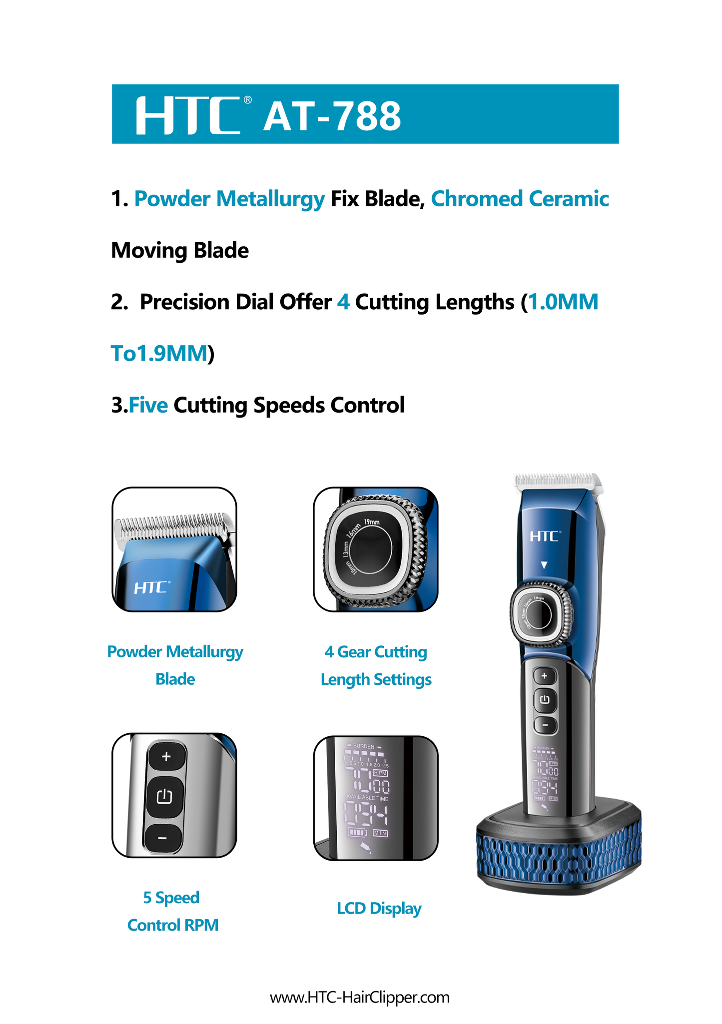 HTC AT-788 Portable Hair Cut Machine for Men Professional Clipper, with 2200 mAH Battery with LED Display