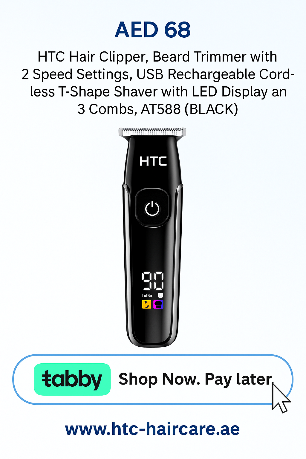 HTC Hair Clipper, Beard Trimmer with 2 Speed Settings, USB Rechargeable Cordless T-Shape Shaver with LED Display and 3 Combs, AT588 (BLACK)